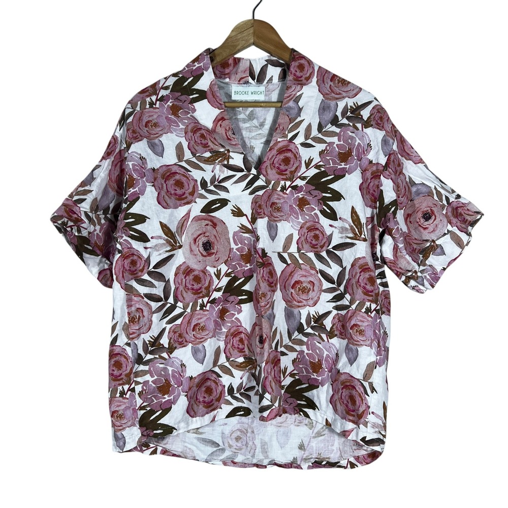Brooke Wright Watercolor Floral Print V-Neck Top Pink Cotton Linen Boho Size M